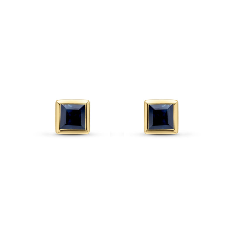 9ct Yellow Gold Square Natural Sapphire Rubover Stud Earrings — 4mm