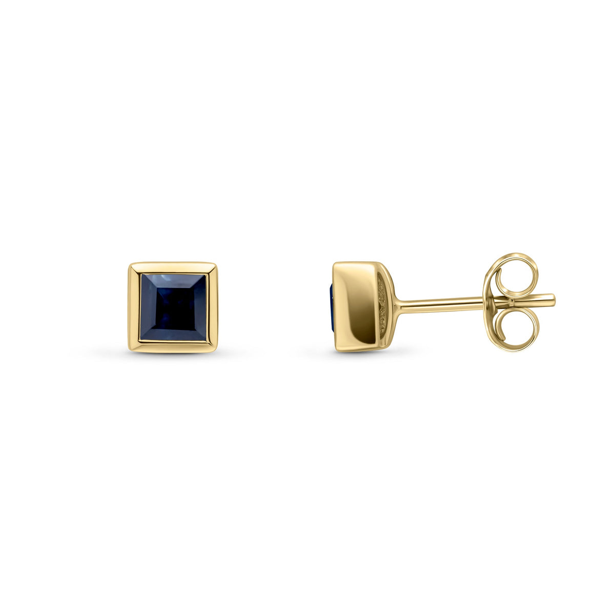 9ct Yellow Gold Square Natural Sapphire Rubover Stud Earrings — 4mm