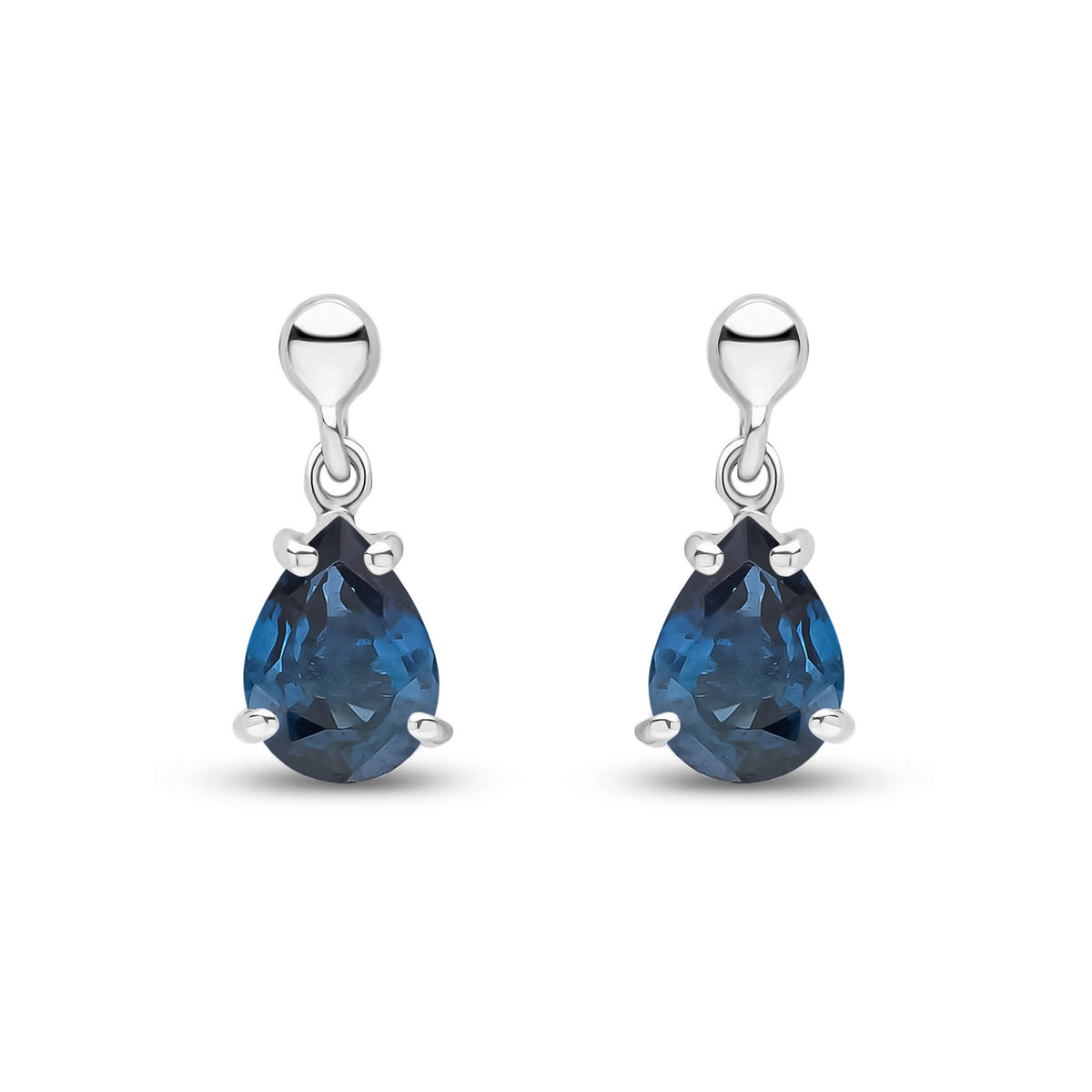 9ct White Gold Pear Shaped Natural Sapphire Claw Drop Earrings — 7x5mm
