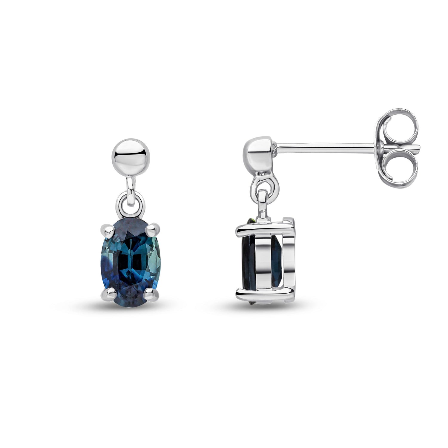 9ct White Gold Oval Natural Sapphire Claw Drop Earrings with Bead Top — 6x4mm