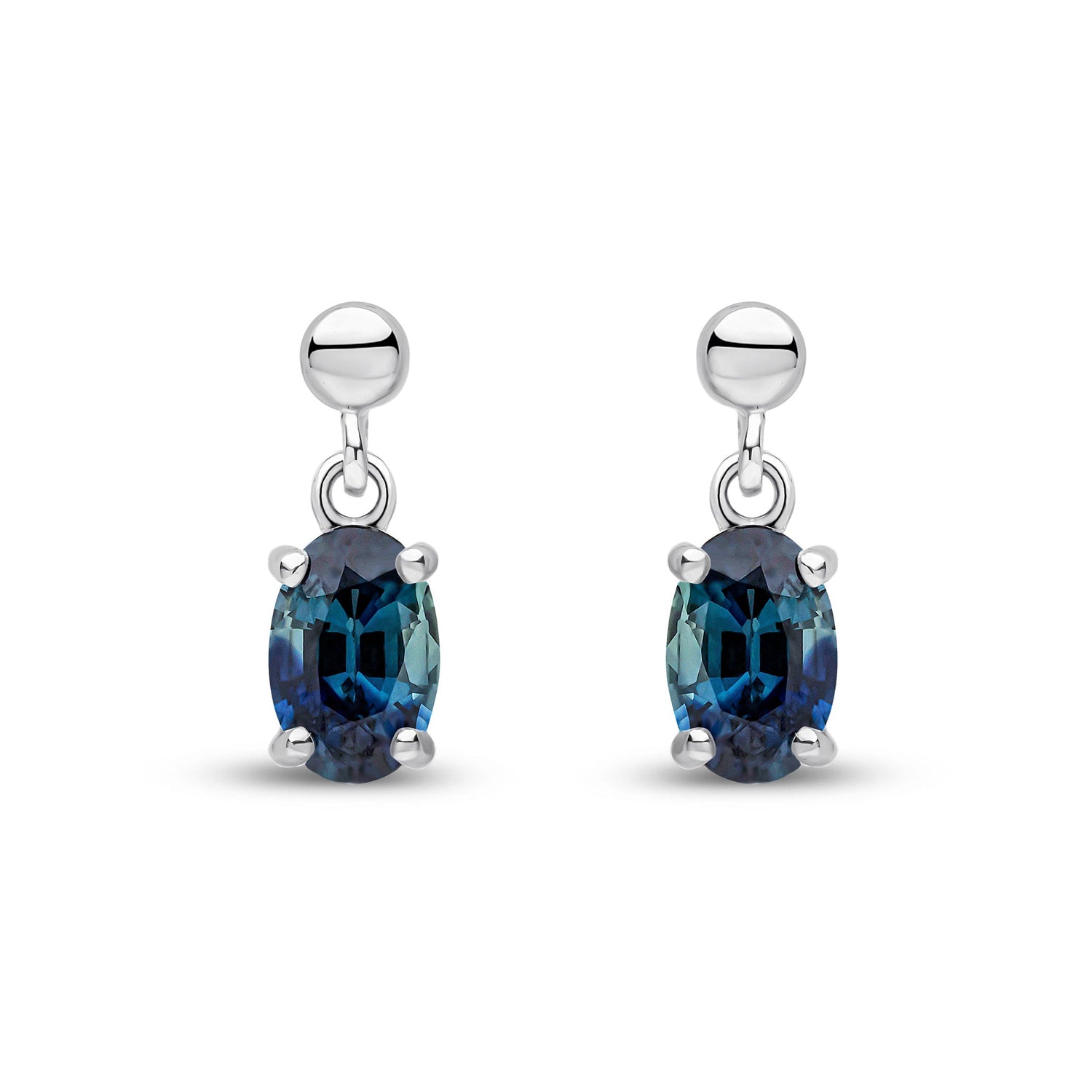 9ct White Gold Oval Natural Sapphire Claw Drop Earrings with Bead Top — 6x4mm