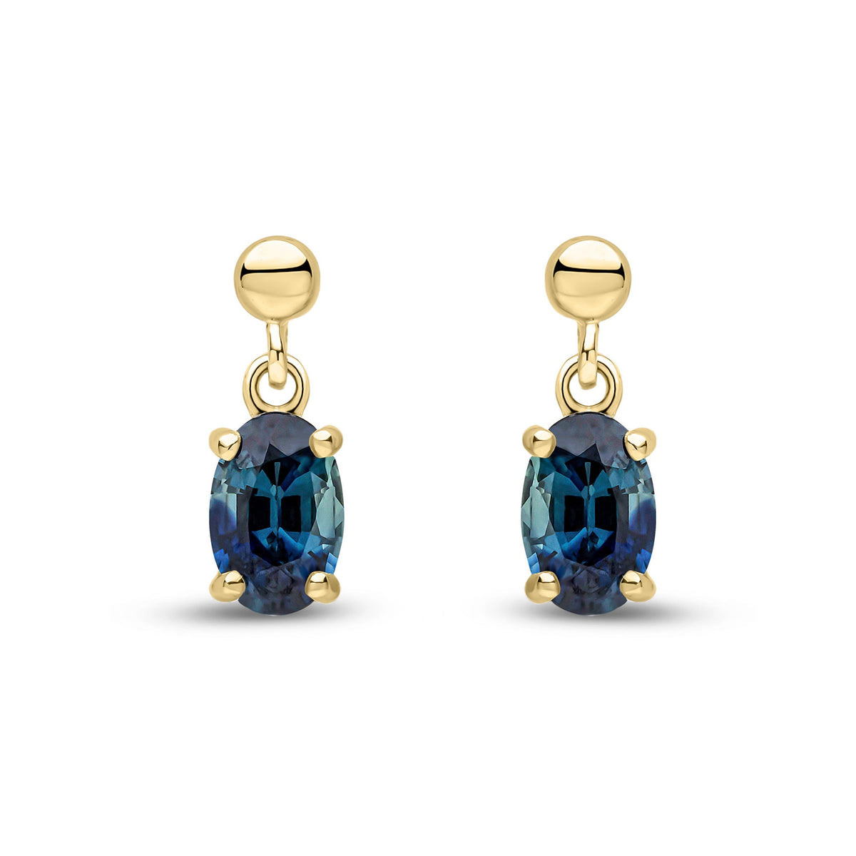 9ct Yellow Gold Oval Natural Sapphire Claw Drop Earrings with Bead Top — 6x4mm