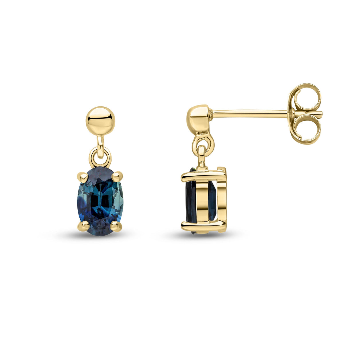 9ct Yellow Gold Oval Natural Sapphire Claw Drop Earrings with Bead Top — 6x4mm