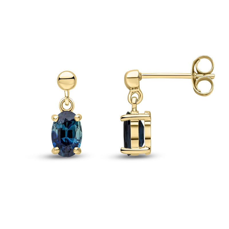 9ct Yellow Gold Oval Natural Sapphire Claw Drop Earrings with Bead Top — 6x4mm
