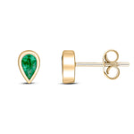 9ct Yellow Gold Pear Shaped Natural Emerald Rubover Stud Earrings — 5x3mm
