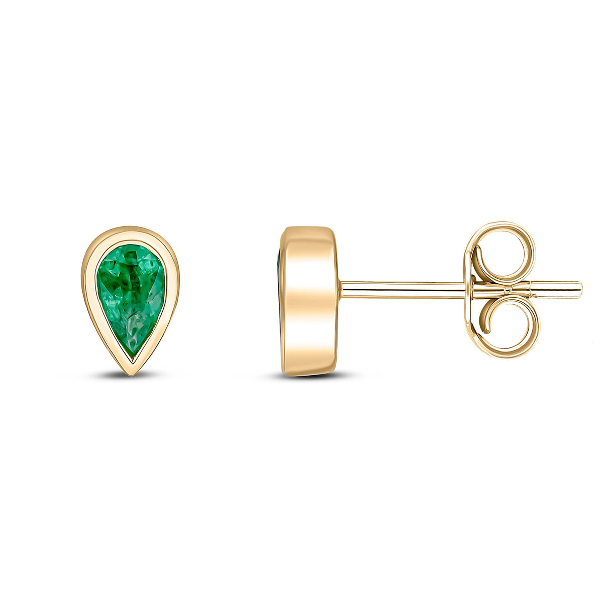 9ct Yellow Gold Pear Shaped Natural Emerald Rubover Stud Earrings — 5x3mm