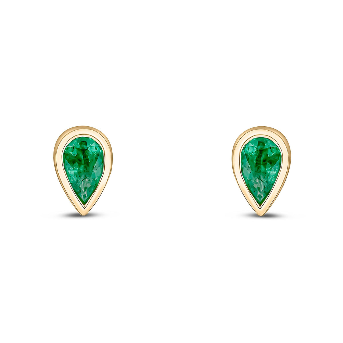 9ct Yellow Gold Pear Shaped Natural Emerald Rubover Stud Earrings — 5x3mm