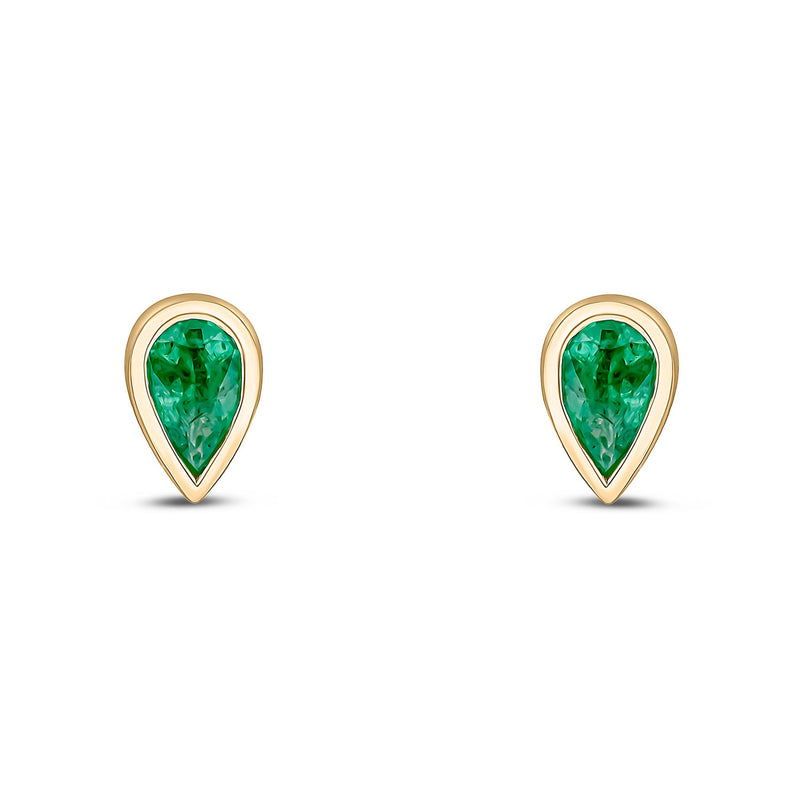 9ct Yellow Gold Pear Shaped Natural Emerald Rubover Stud Earrings — 5x3mm