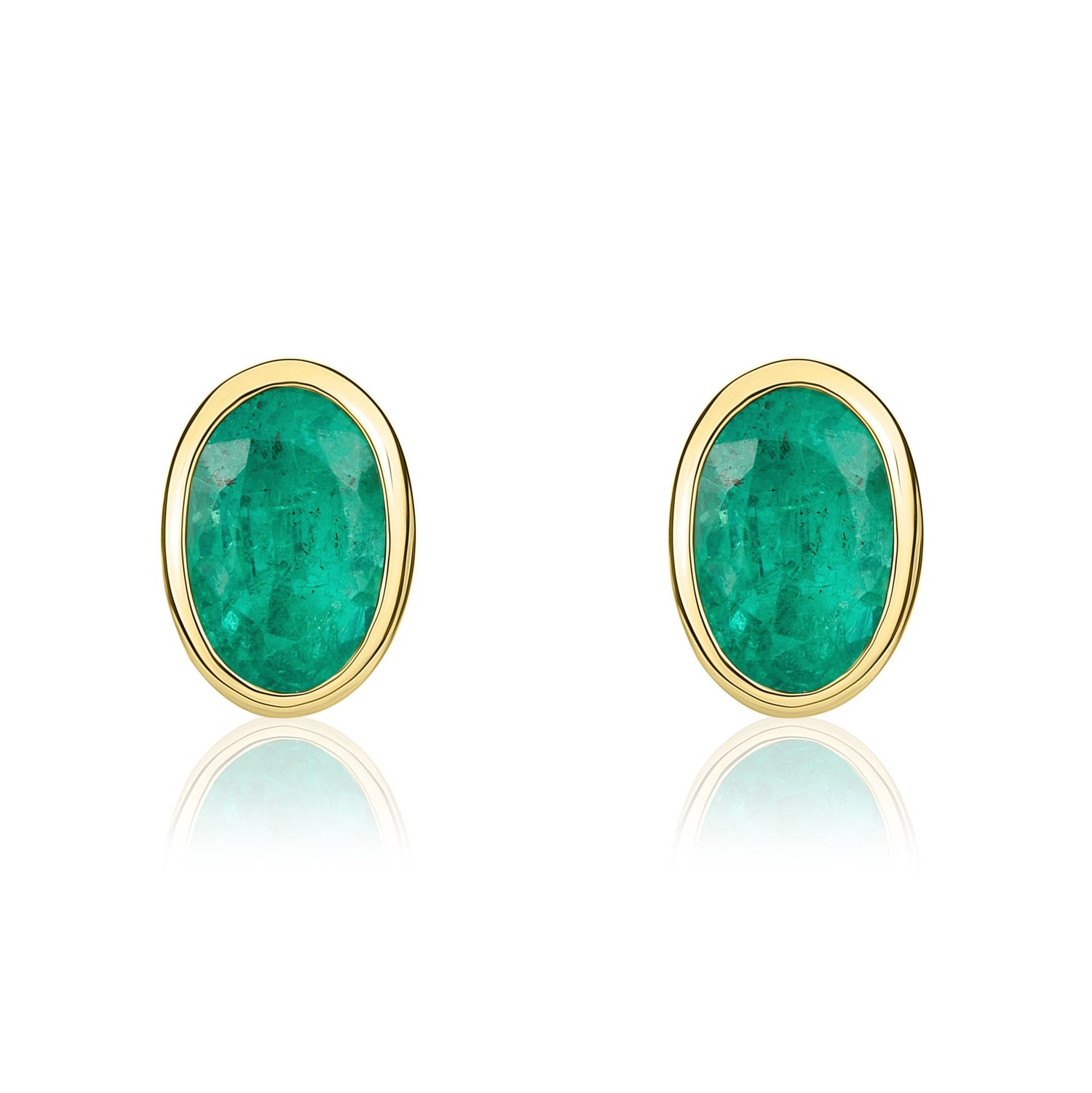 9ct Yellow Gold Oval Natural Emerald Rubover Stud Earrings — 6x4mm