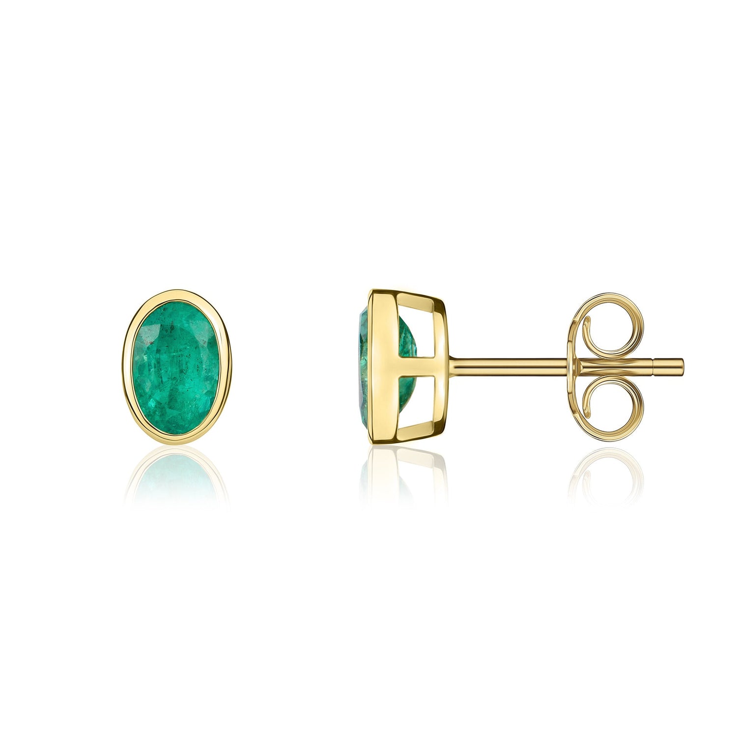 9ct Yellow Gold Oval Natural Emerald Rubover Stud Earrings — 6x4mm
