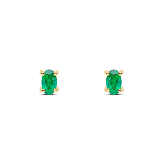 9ct Yellow Gold Oval Natural Emerald Claw Set Stud Earrings — 5x3mm