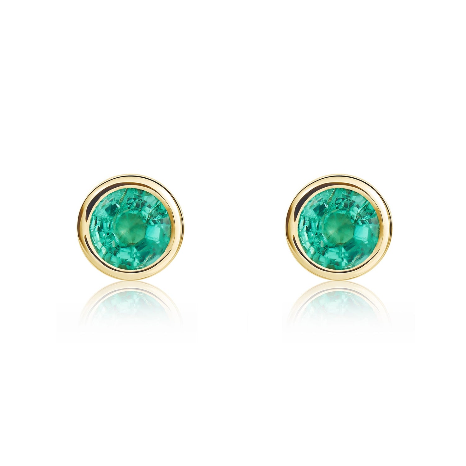 9ct Yellow Gold Round Natural Emerald Rubover Stud Earrings — 4mm