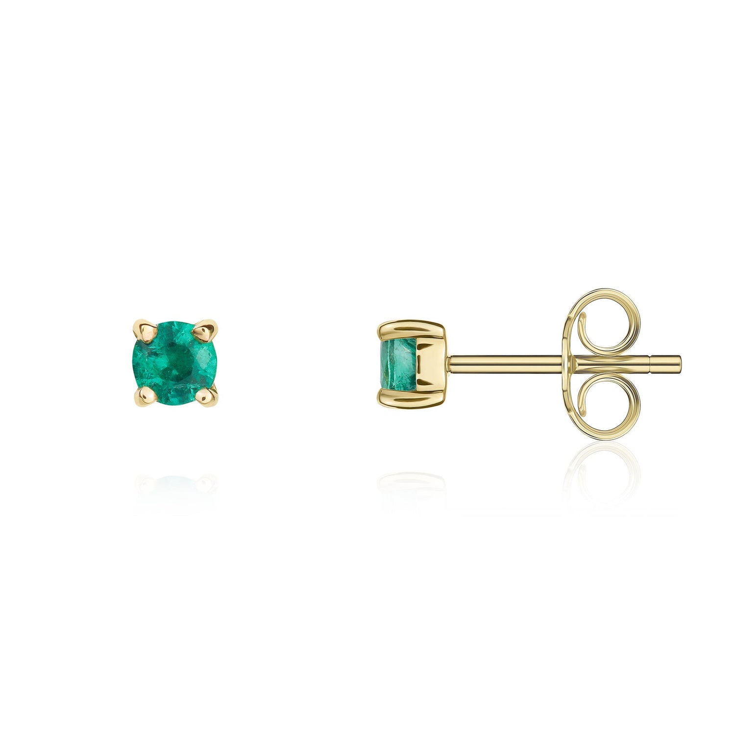 9ct Yellow Gold Round Natural Emerald Claw Stud Earrings — 3mm