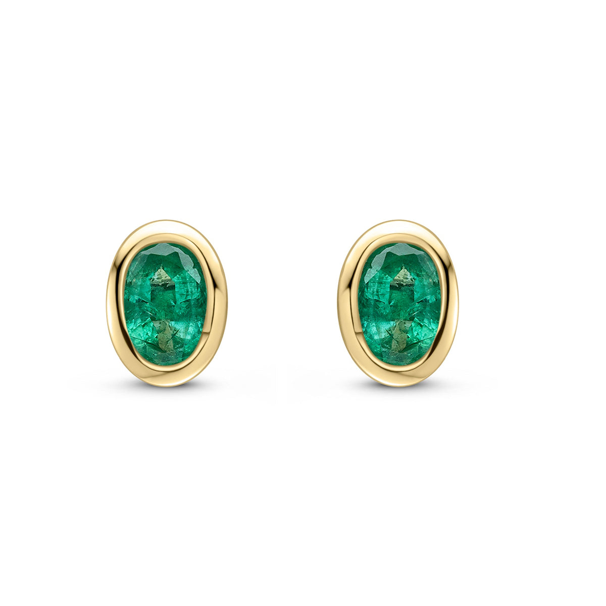 9ct Yellow Gold Oval Natural Emerald Rubover Stud Earrings — 4x3mm