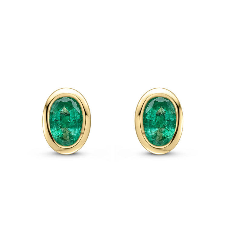 9ct Yellow Gold Oval Natural Emerald Rubover Stud Earrings — 4x3mm