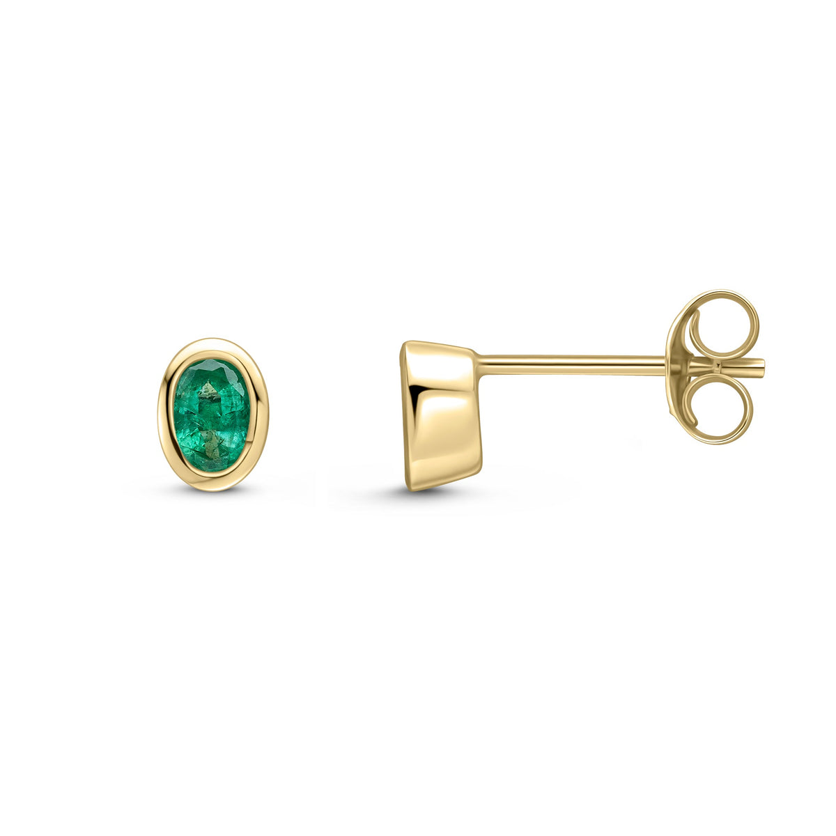 9ct Yellow Gold Oval Natural Emerald Rubover Stud Earrings — 4x3mm