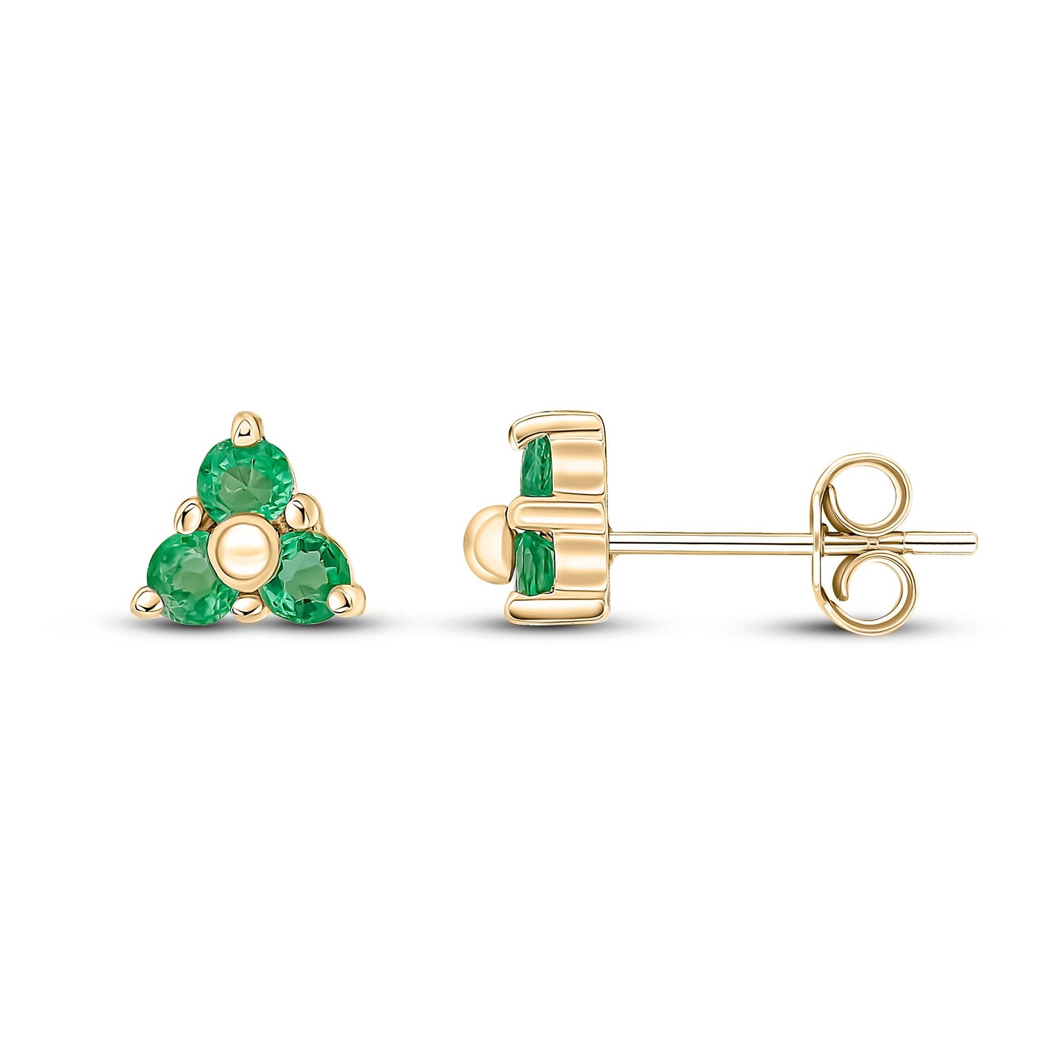 9ct Yellow Gold Round Natural Emerald Trefoil Stud Earrings