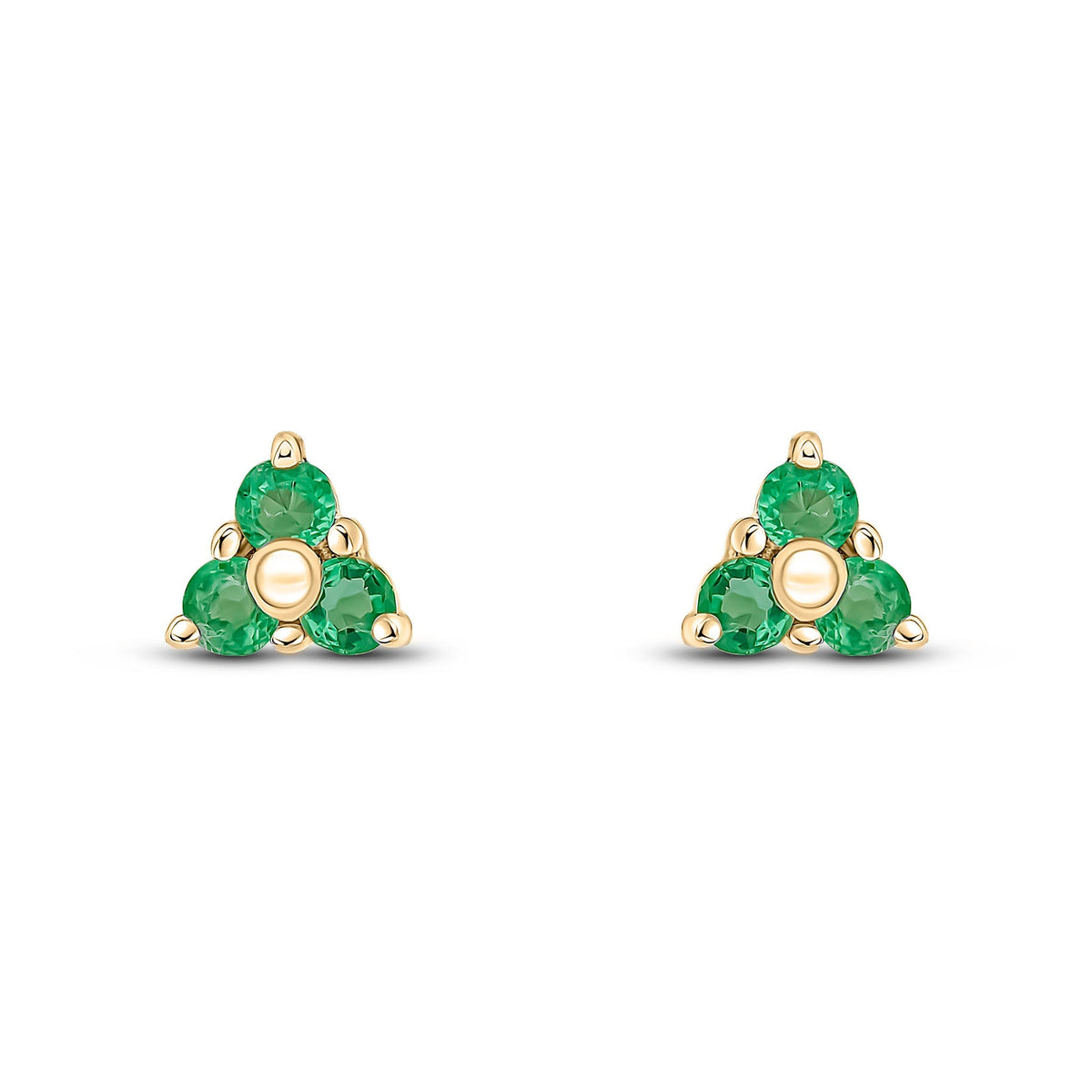 9ct Yellow Gold Round Natural Emerald Trefoil Claw Stud Earrings