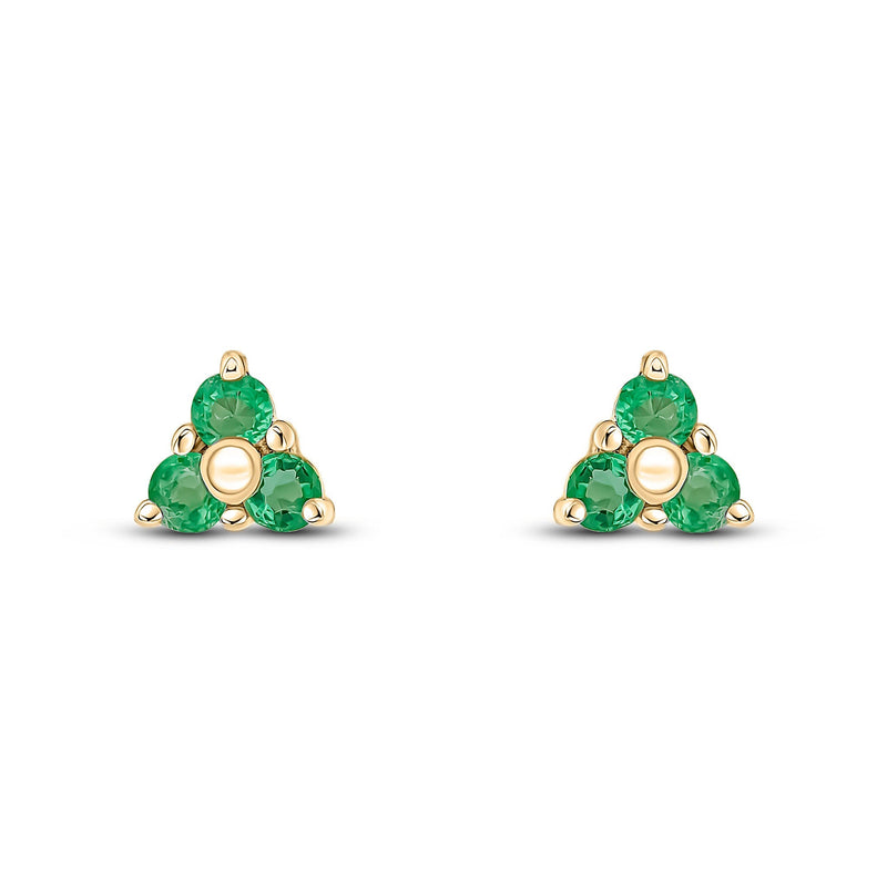9ct Yellow Gold Round Natural Emerald Trefoil Claw Stud Earrings
