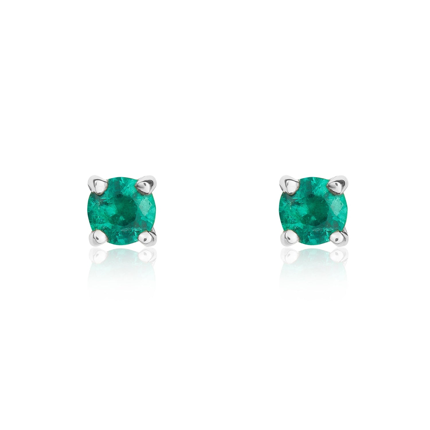 9ct White Gold Round Emerald Four Claw Stud Earrings — 3mm