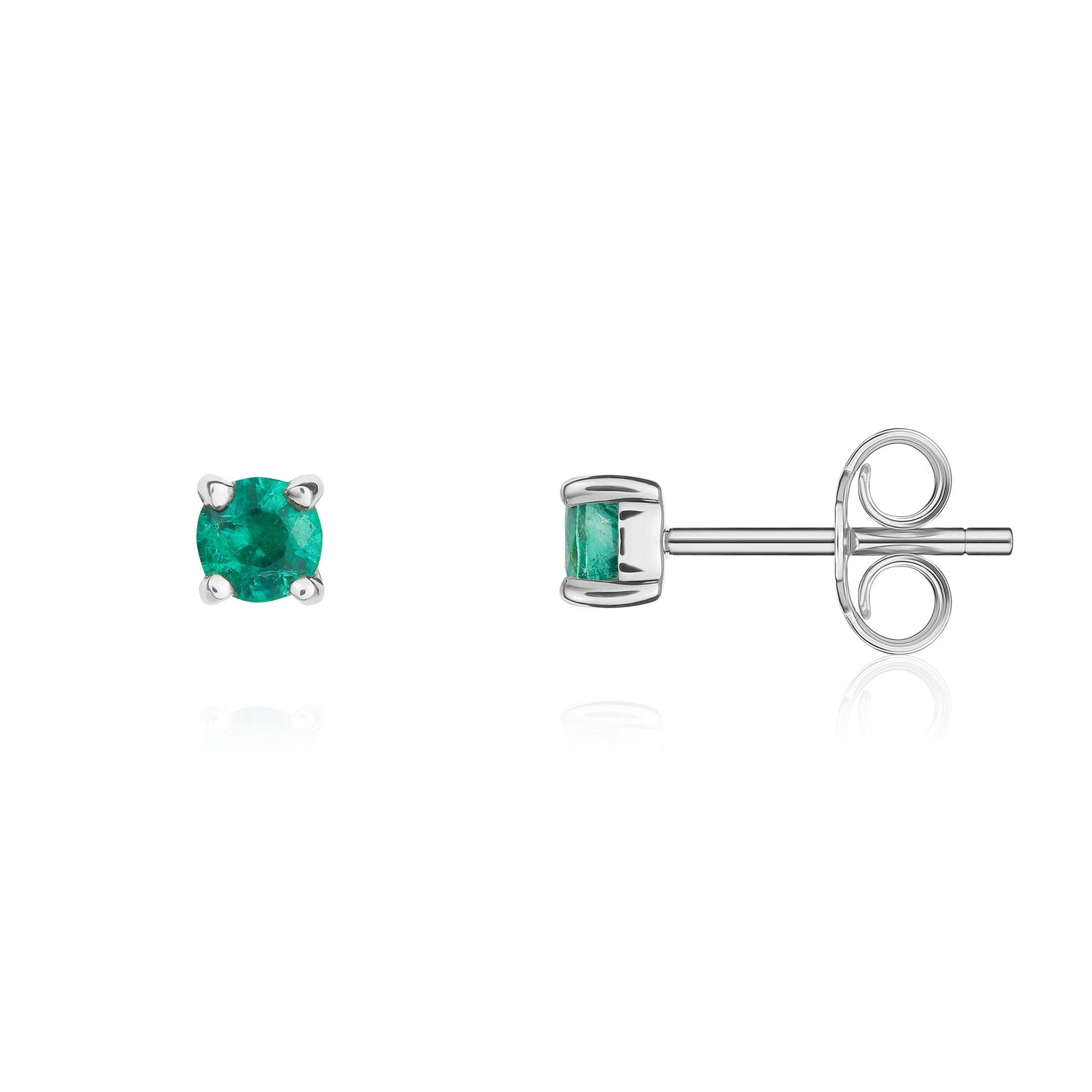 9ct White Gold Round Emerald Four Claw Stud Earrings — 3mm
