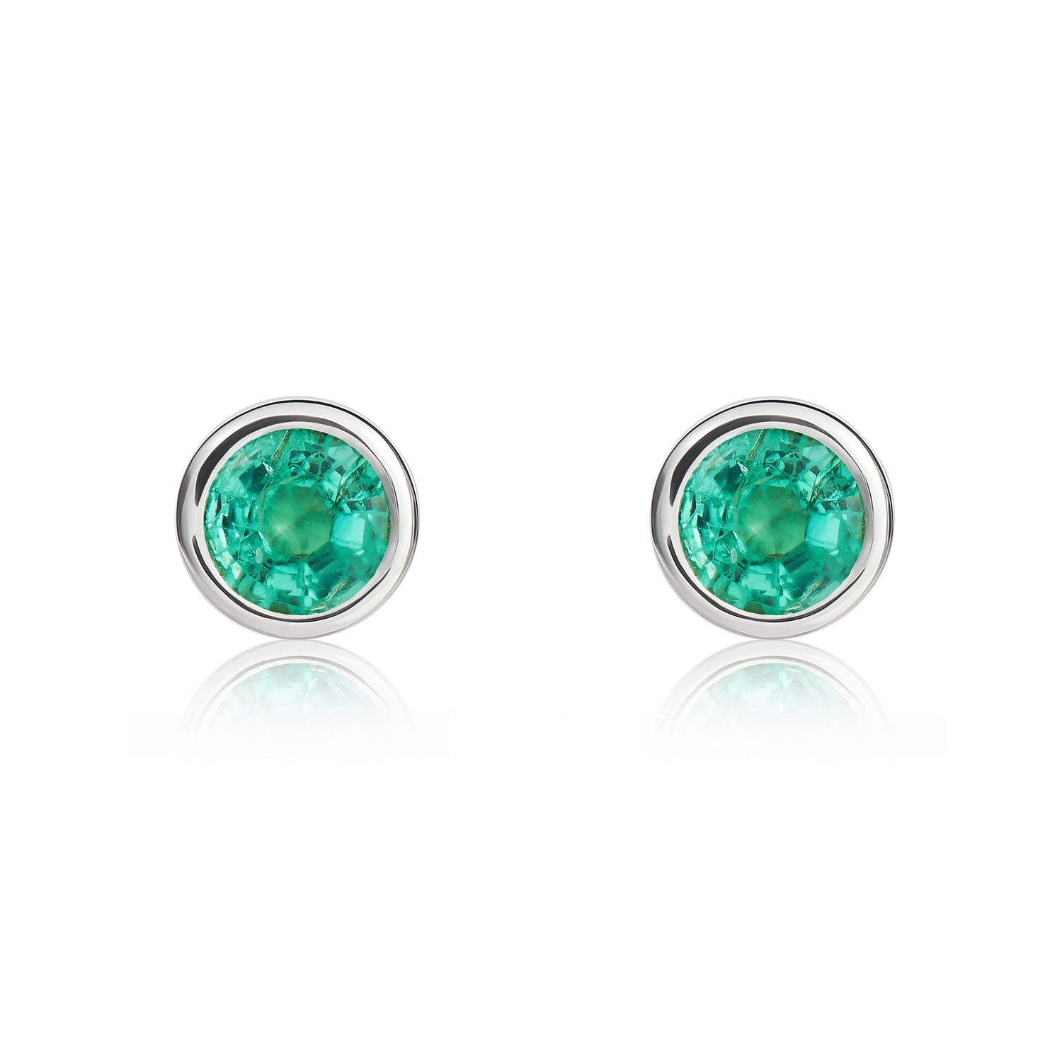 9ct White Gold Round Natural Emerald Rubover Stud Earrings — 4mm