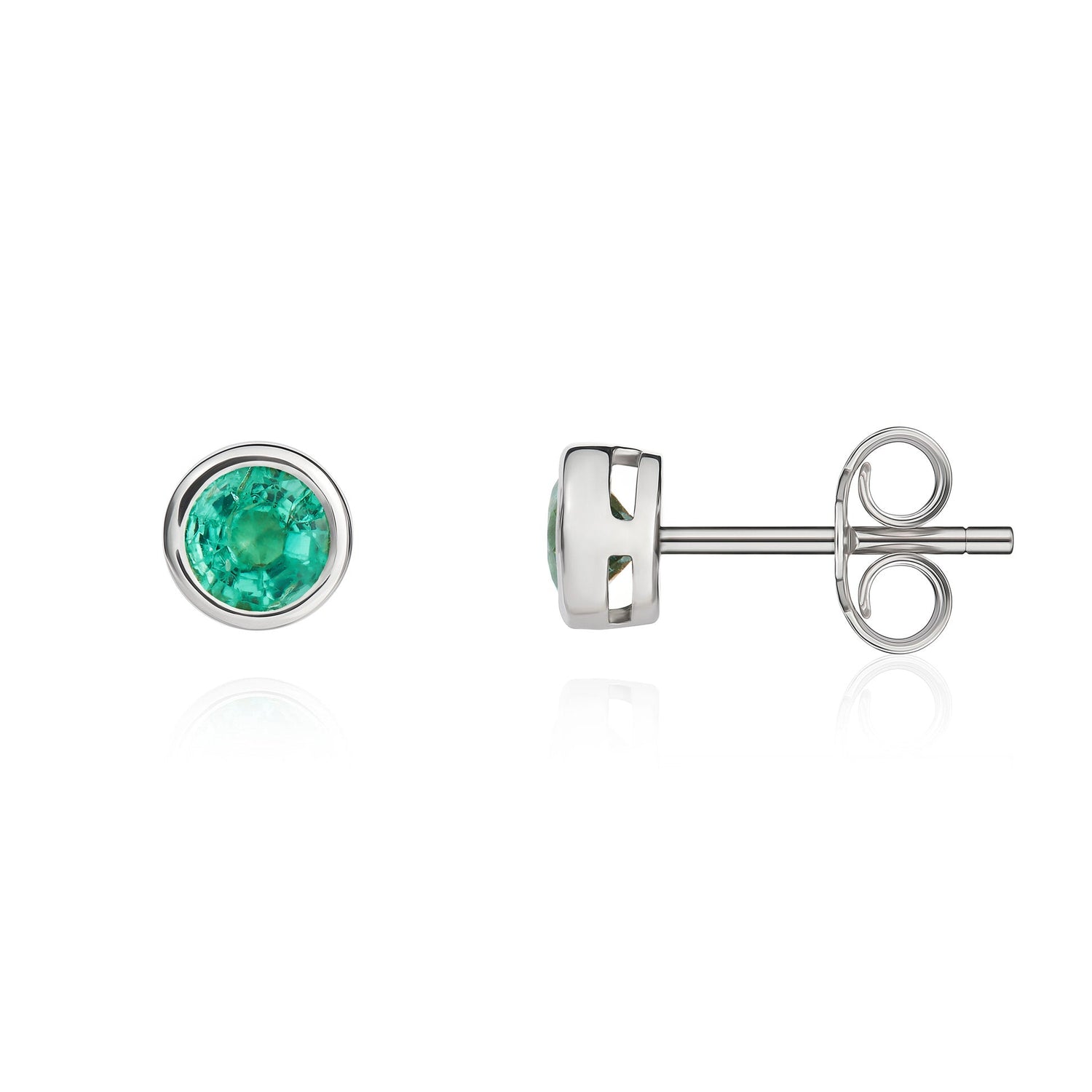 9ct White Gold Round Natural Emerald Rubover Stud Earrings — 4mm