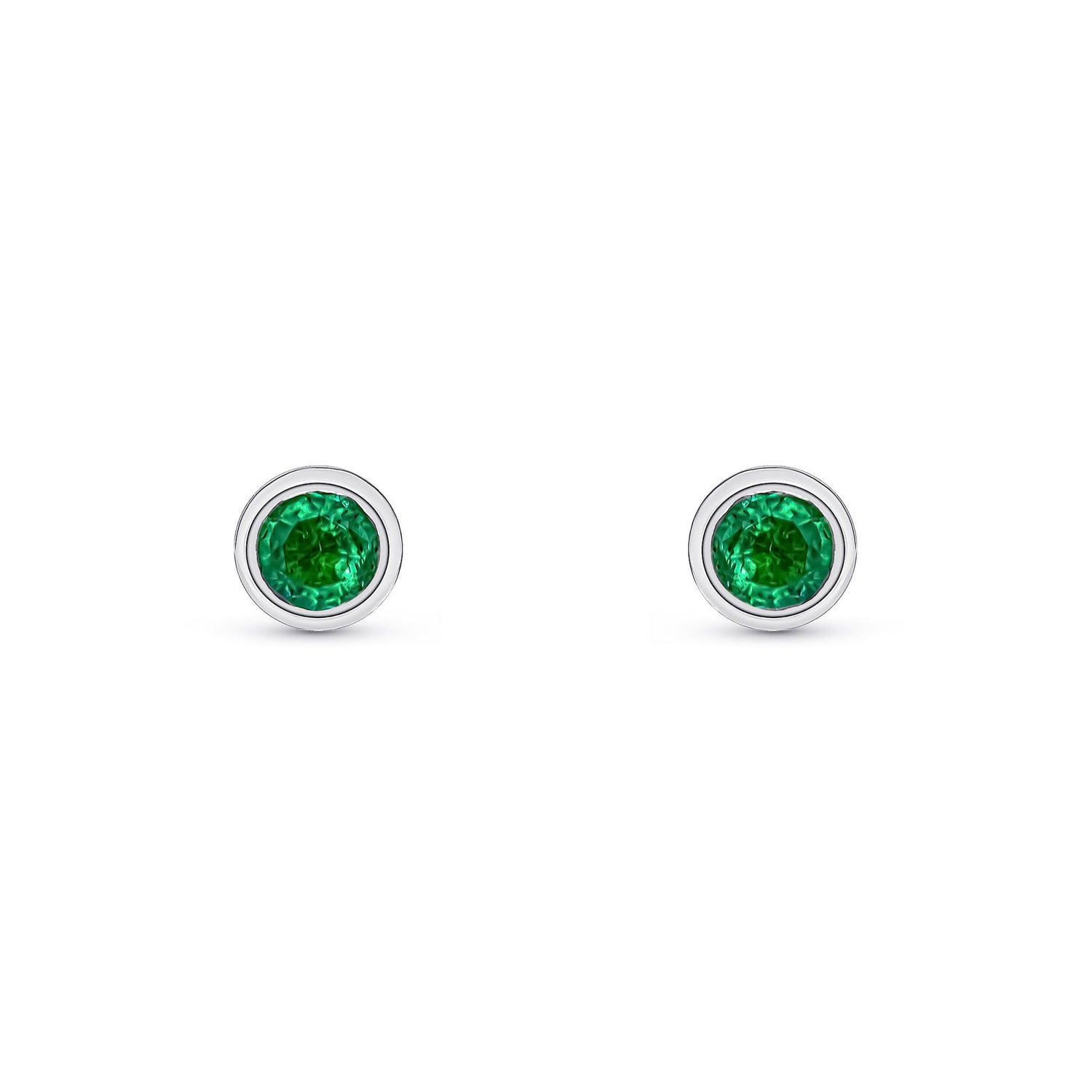 9ct White Gold Round Natural Emerald Rubover Stud Earrings — 3mm