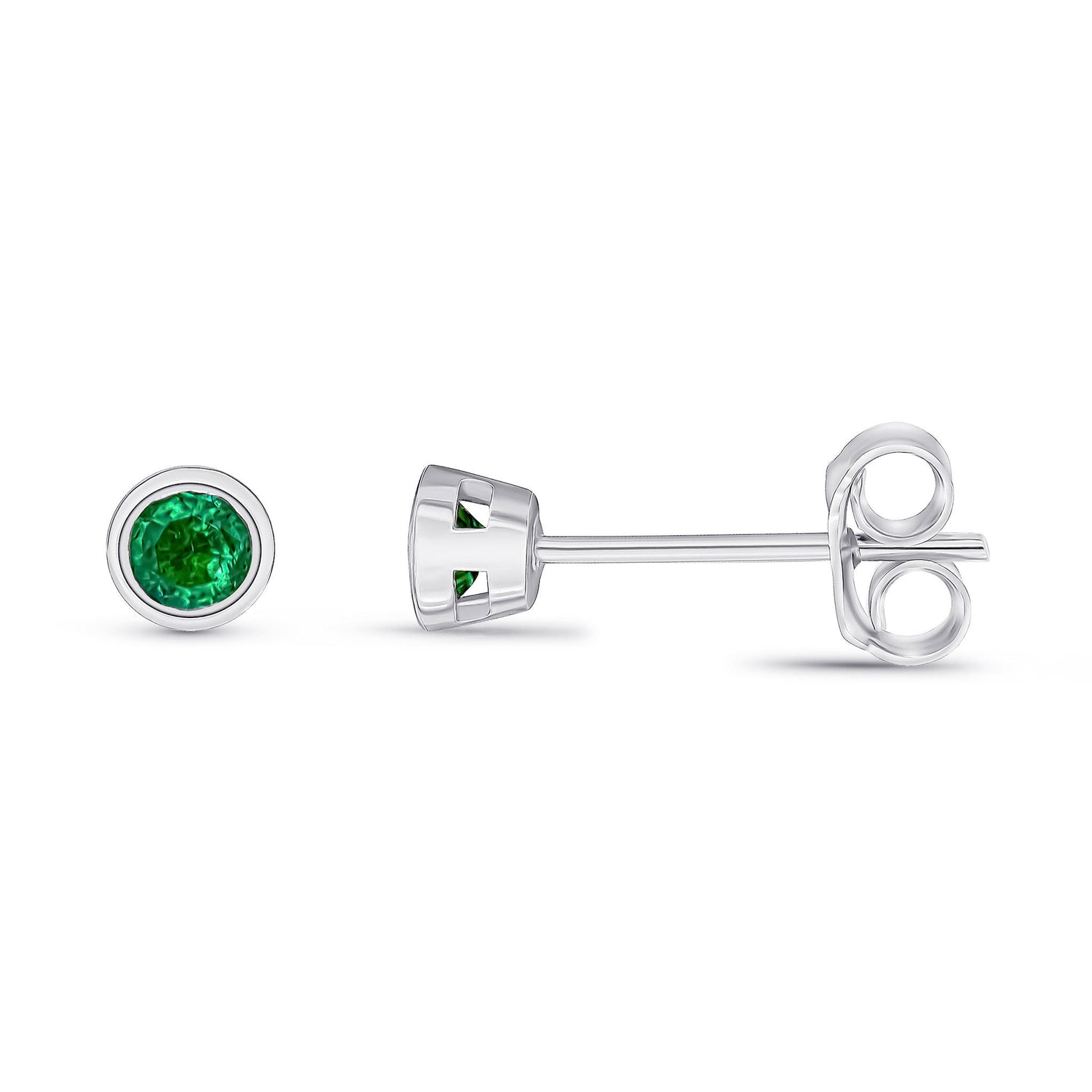 9ct White Gold Round Natural Emerald Rubover Stud Earrings — 3mm