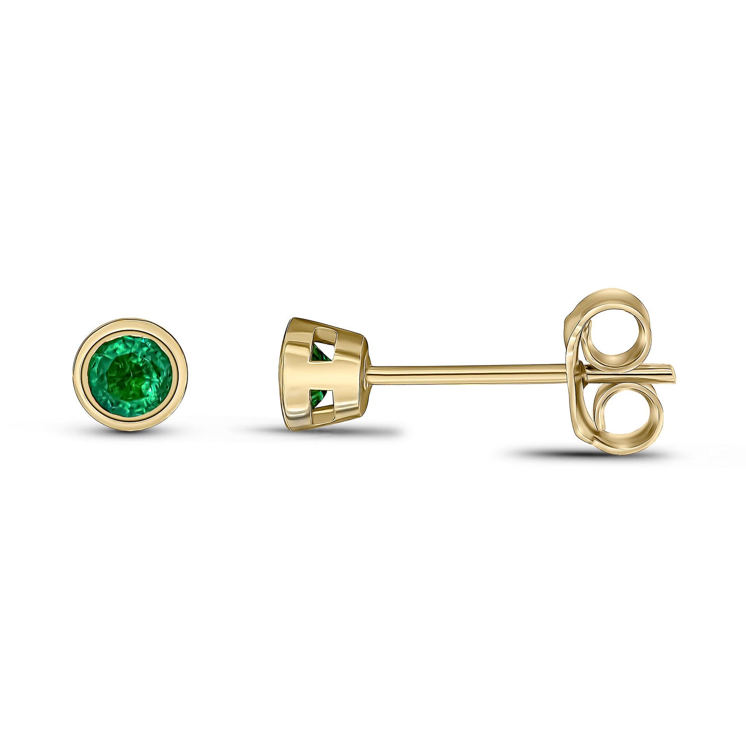 9ct Yellow Gold Round Natural Emerald Rubover Stud Earrings — 3mm