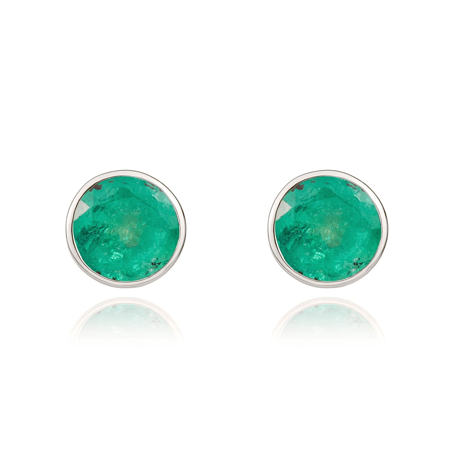 9ct White Gold Round Natural Emerald Rubover Stud Earrings — 5mm