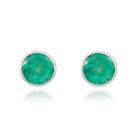 9ct White Gold Round Natural Emerald Rubover Stud Earrings — 5mm