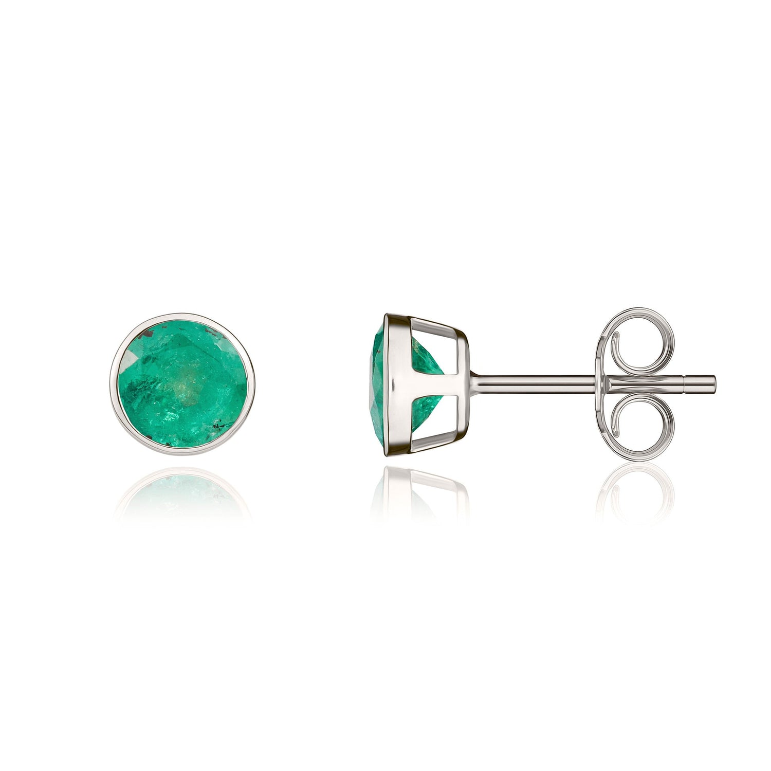 9ct White Gold Round Natural Emerald Rubover Stud Earrings — 5mm