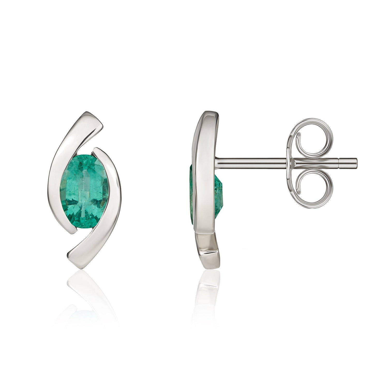 9ct White Gold Oval Natural Emerald 'Eye' Stud Earrings — 6x4mm