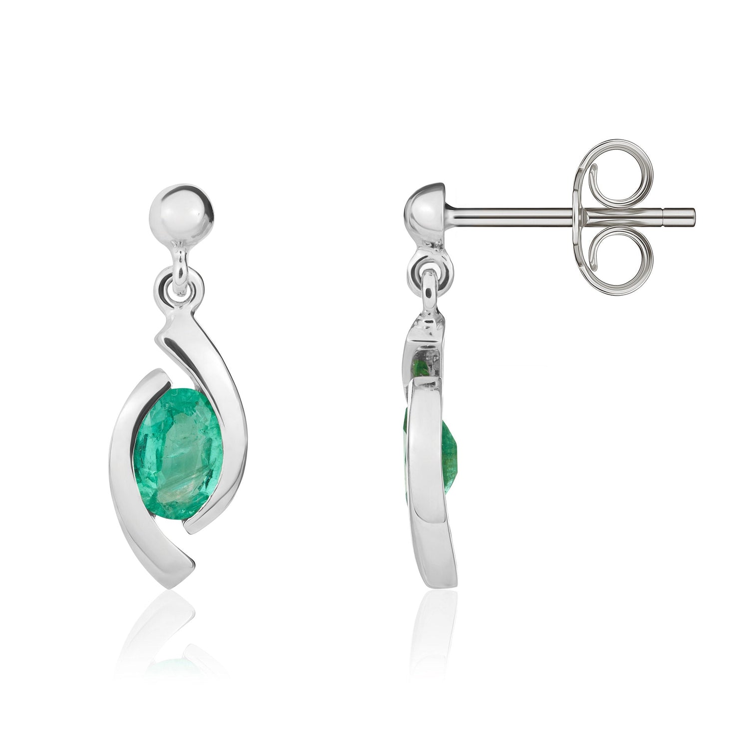 9ct White Gold Oval Natural Emerald 'Eye' Drop Earrings — 6x4mm