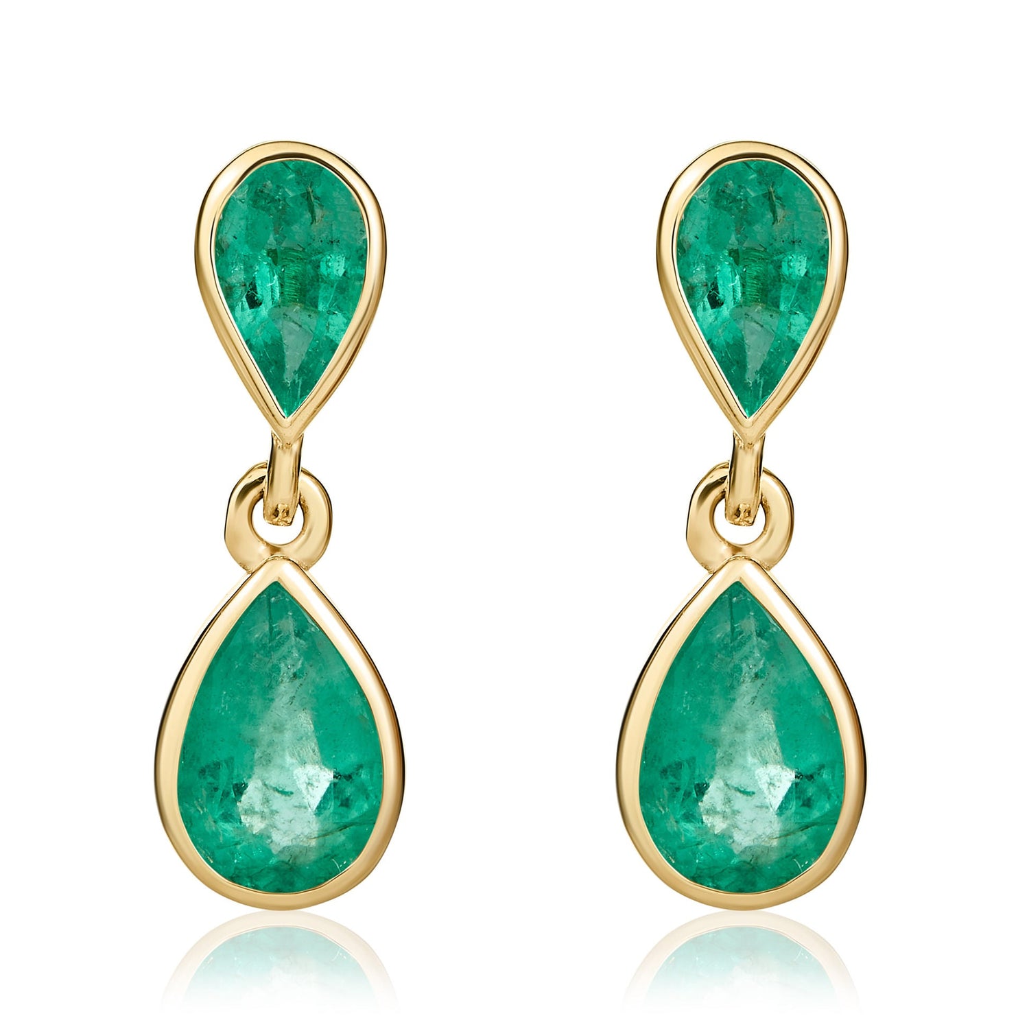 9ct Yellow Gold Pear Shaped Natural Emerald Two Stone Rubover Drop Earrings
