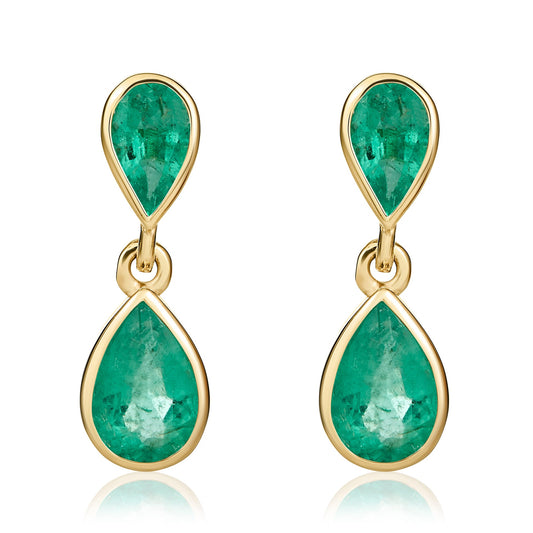 9ct Yellow Gold Pear Shaped Natural Emerald Two Stone Rubover Drop Earrings