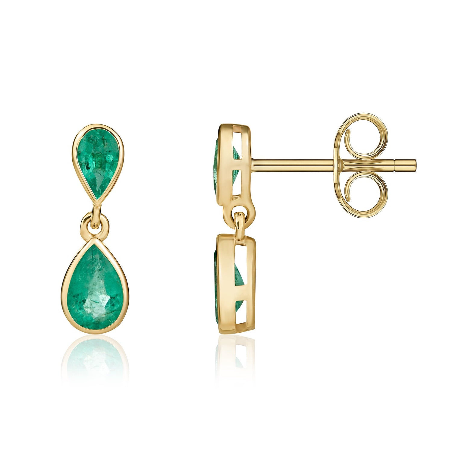 9ct Yellow Gold Pear Shaped Natural Emerald Two Stone Rubover Drop Earrings