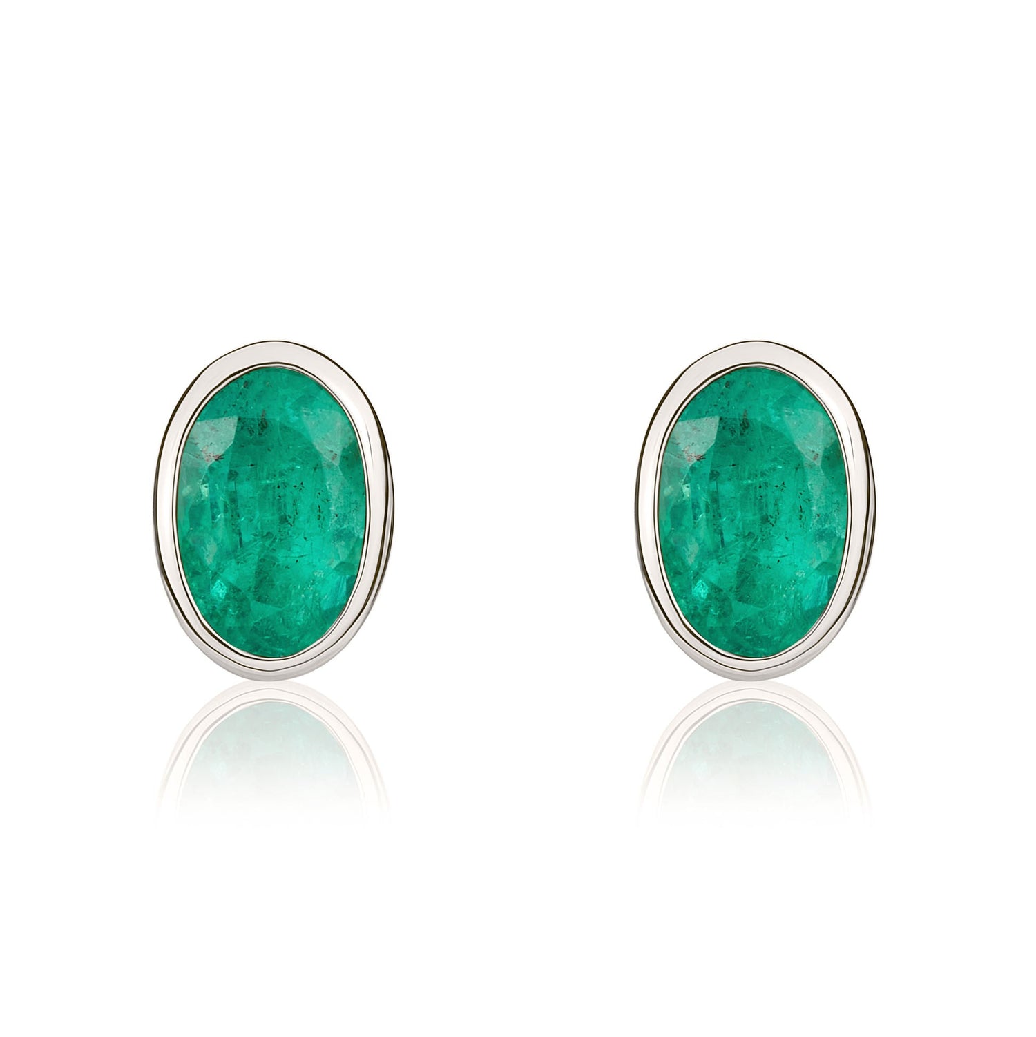 9ct White Gold Oval Natural Emerald Rubover Stud Earrings — 6x4mm