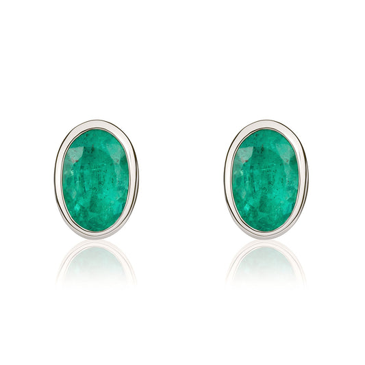 9ct White Gold Oval Natural Emerald Rubover Stud Earrings — 6x4mm