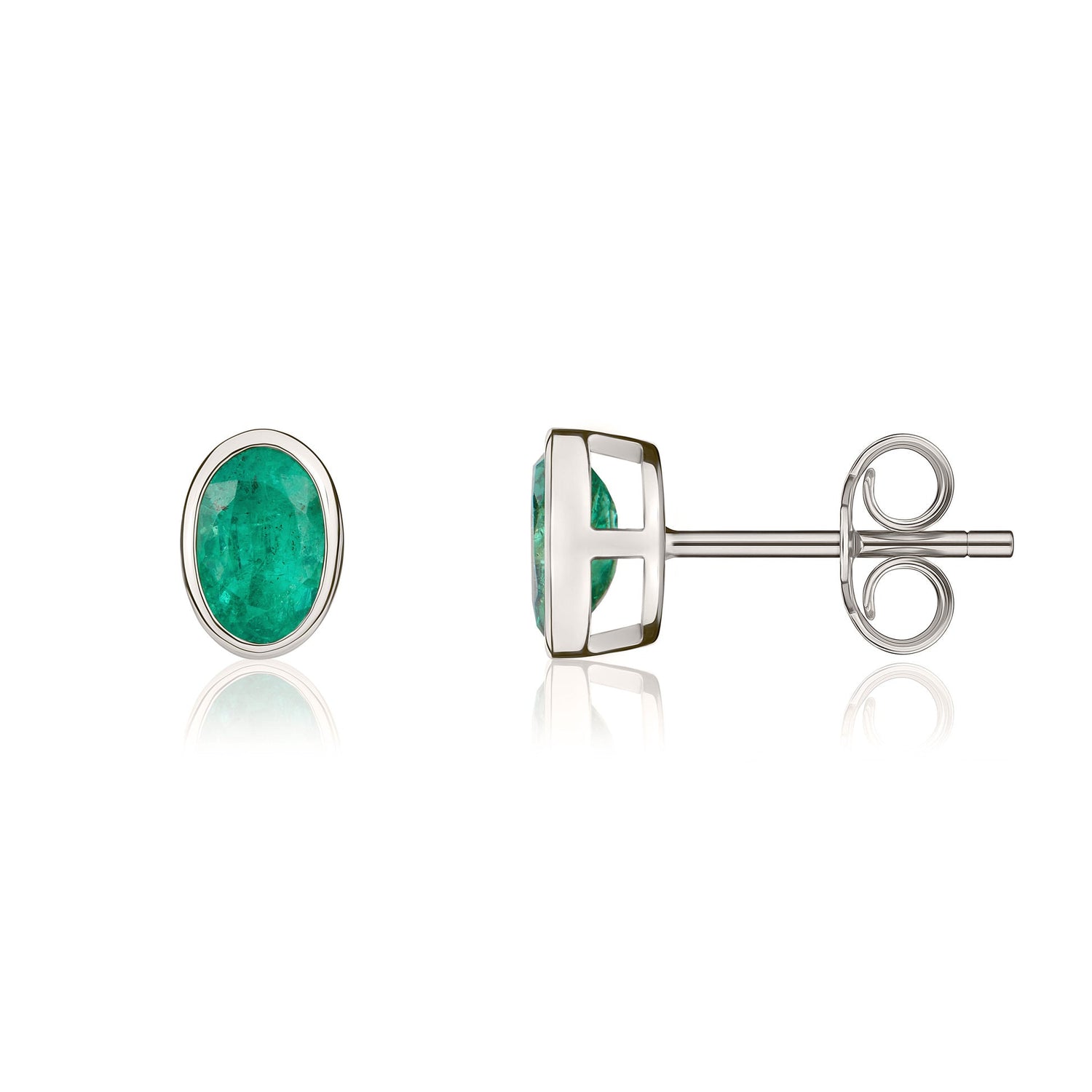 9ct White Gold Oval Natural Emerald Rubover Stud Earrings — 6x4mm