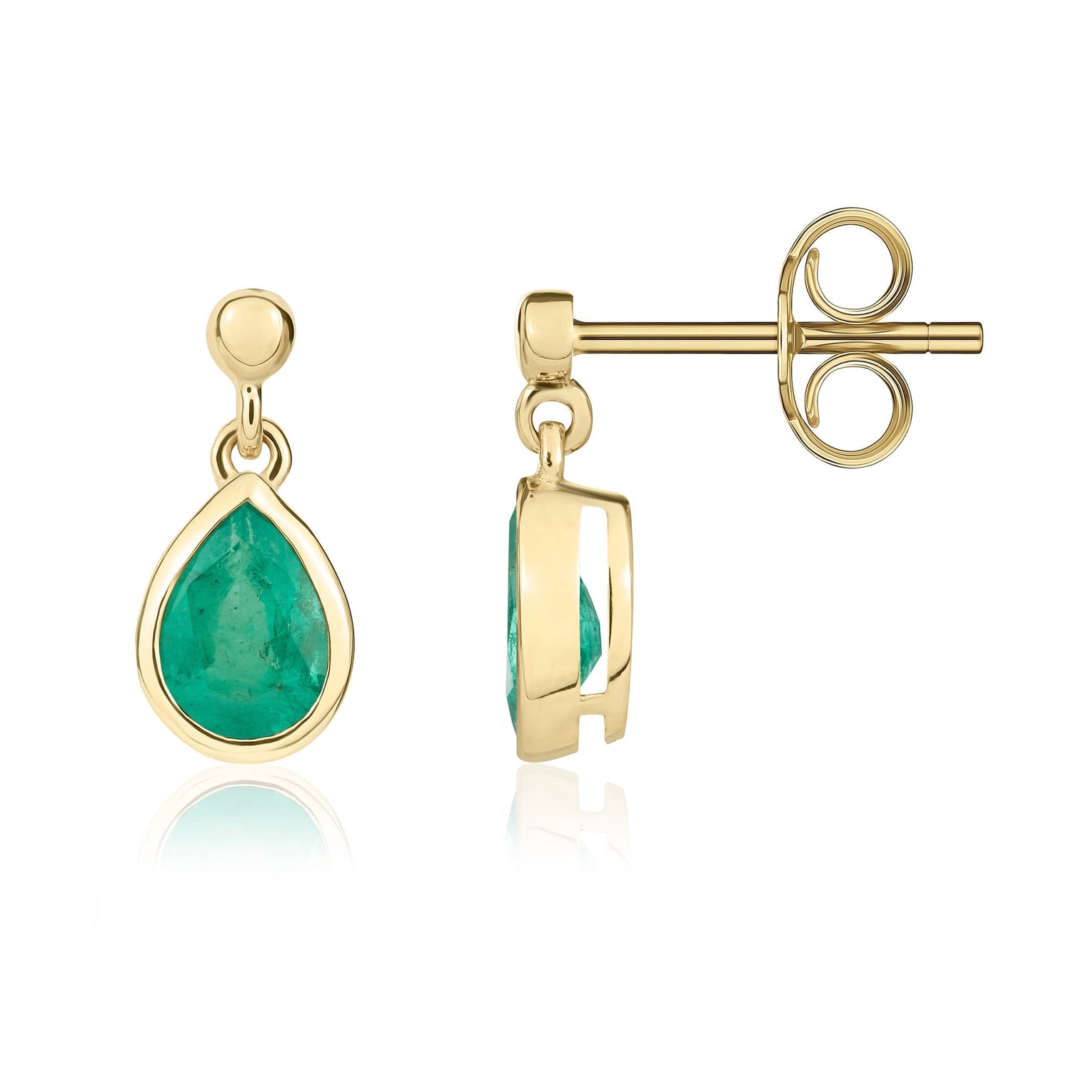 9ct Yellow Gold Pear Shaped Natural Emerald Drop Earrings — 6x4mm