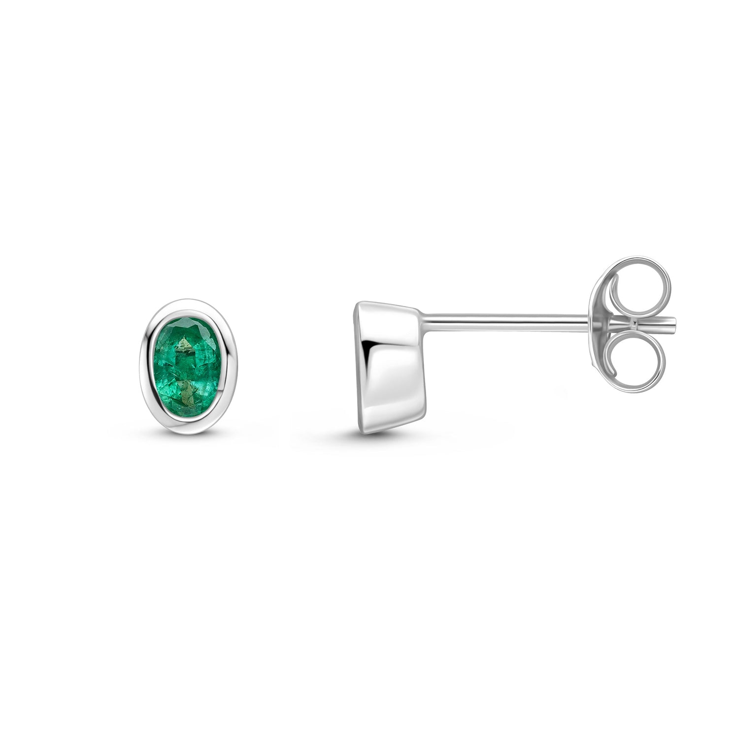 9ct White Gold Oval Emerald Rubover Stud Earrings — 4x3mm
