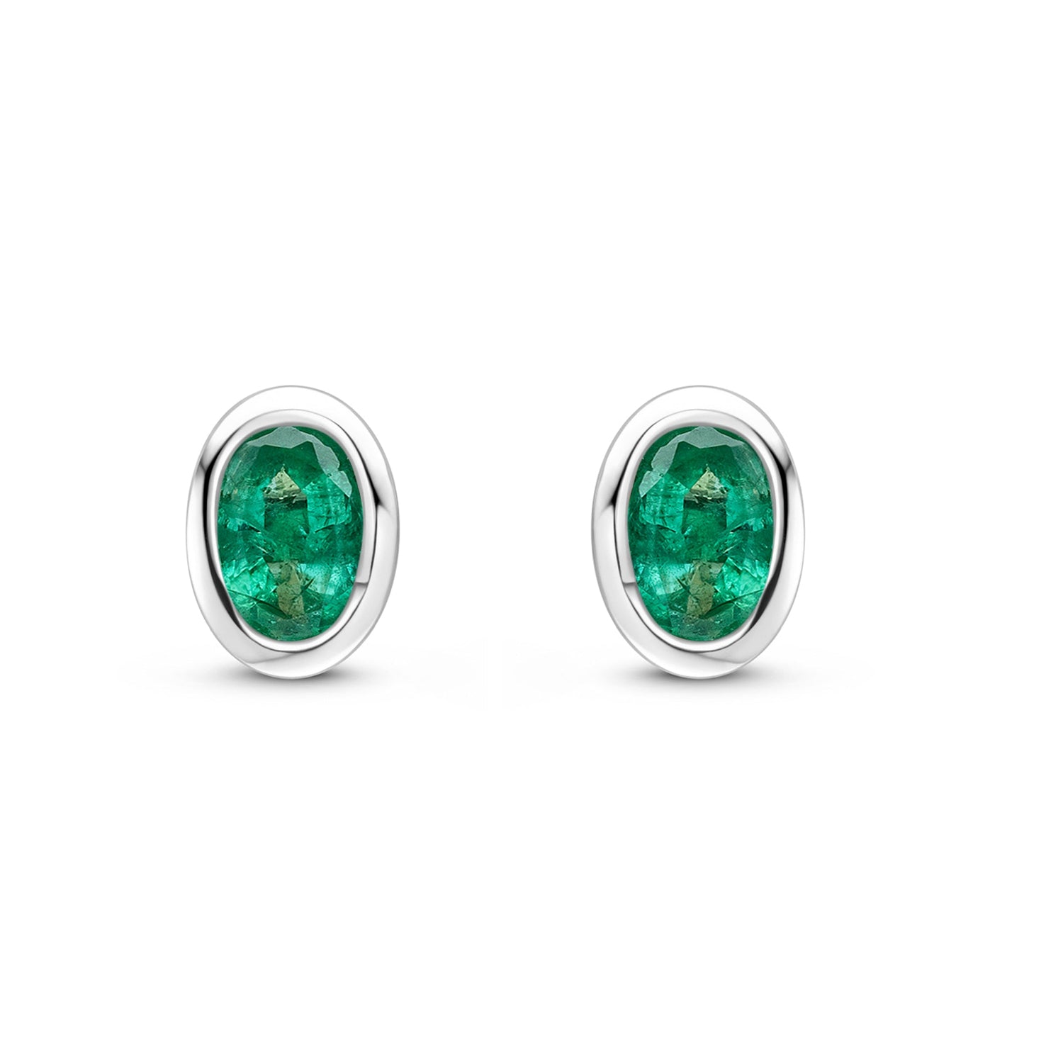 9ct White Gold Oval Emerald Rubover Stud Earrings — 4x3mm