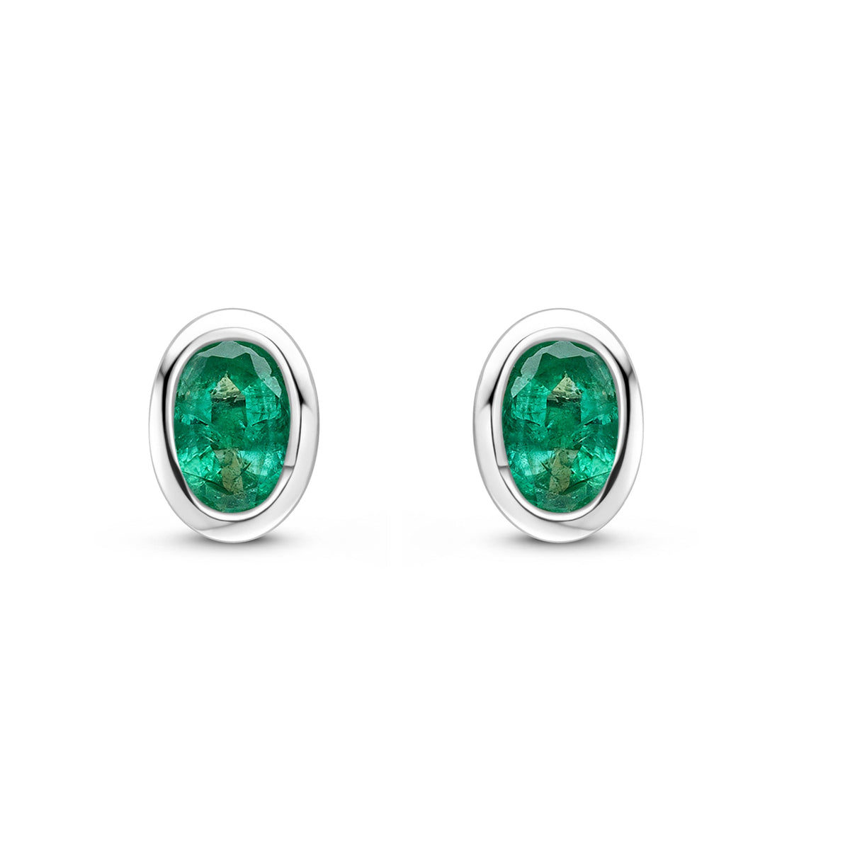 9ct White Gold Oval Natural Emerald Rubover Stud Earrings — 4x3mm