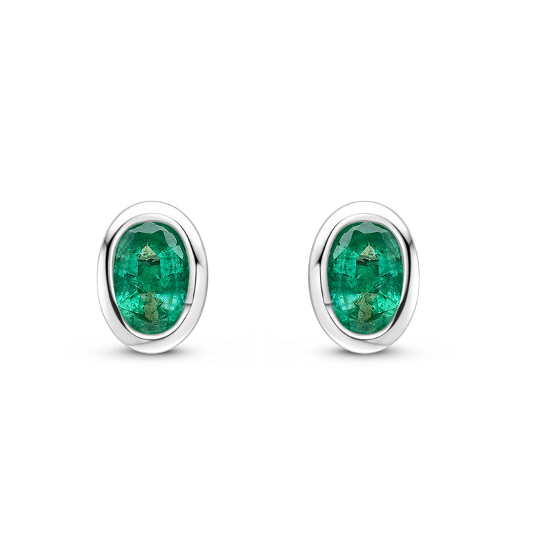 9ct White Gold Oval Natural Emerald Rubover Stud Earrings — 4x3mm
