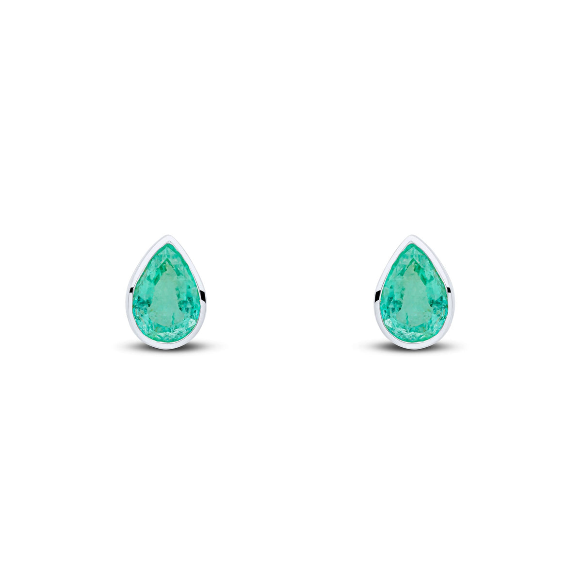 9ct White Gold Pear Shaped Natural Emerald Rubover Stud Earrings — 7x5mm