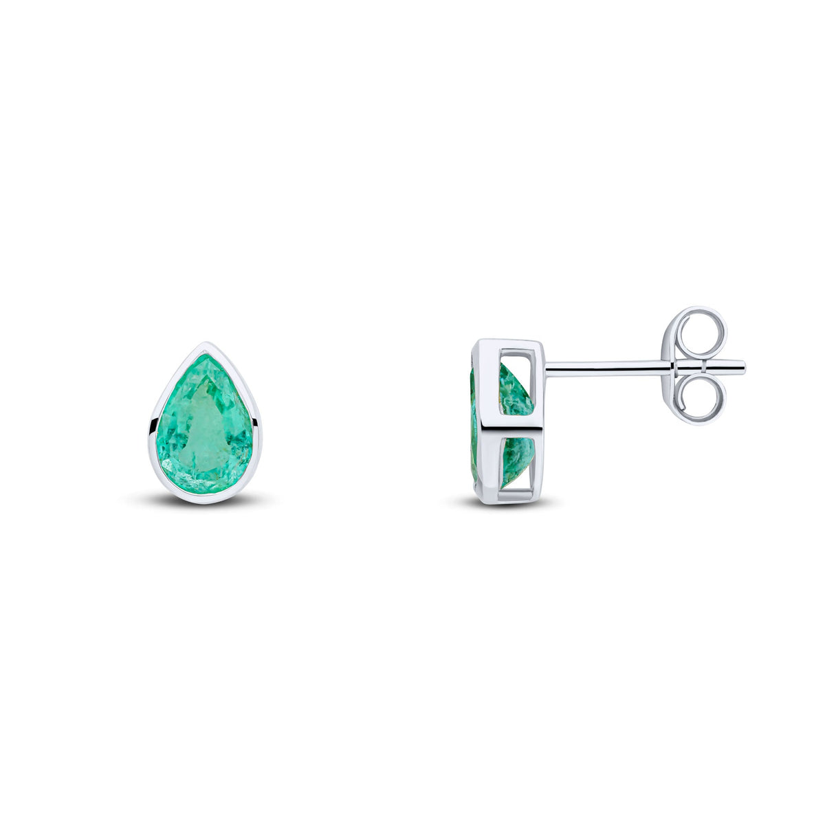 9ct White Gold Pear Shaped Natural Emerald Rubover Stud Earrings — 7x5mm