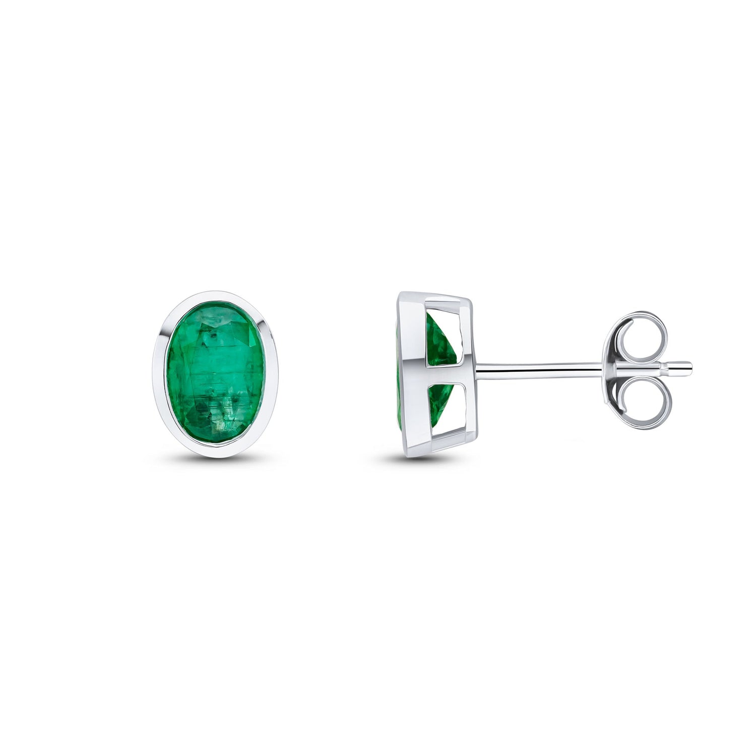 9ct White Gold Oval Natural Emerald Rubover Stud Earrings — 7x5mm