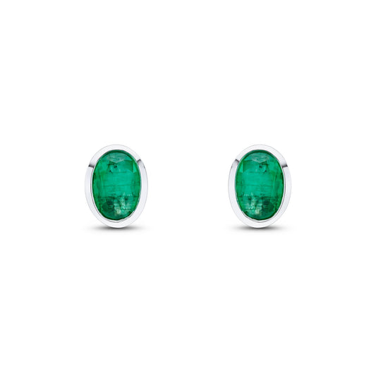 9ct White Gold Oval Natural Emerald Rubover Stud Earrings — 7x5mm